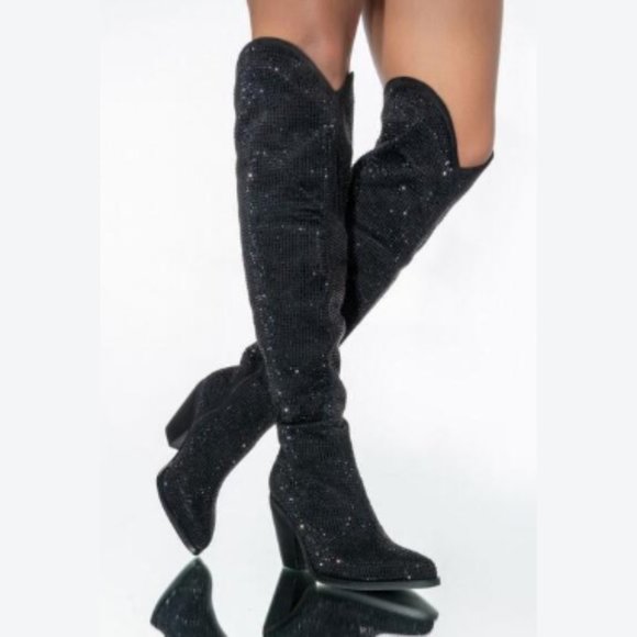 Azalea Wang Shoes - AZALEA WANG Nash Crystal Knee High Cowboy Boots Black NWT